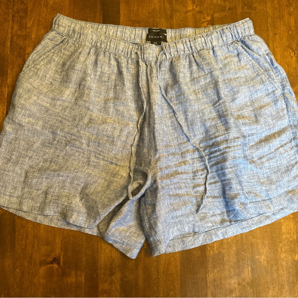 Tahari 2X Shorts 100%‎ Linen Blue Tie Stretch Travel Resort Beach Coastal 💙